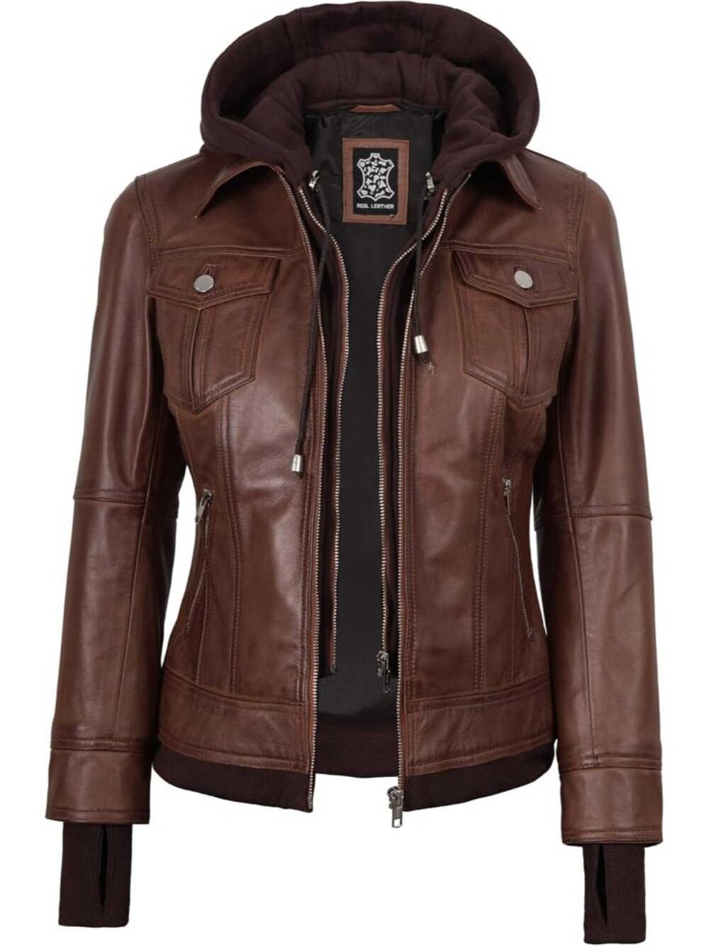 Women’s Cognac Real Leather Bomber Jacket Detachable Hood